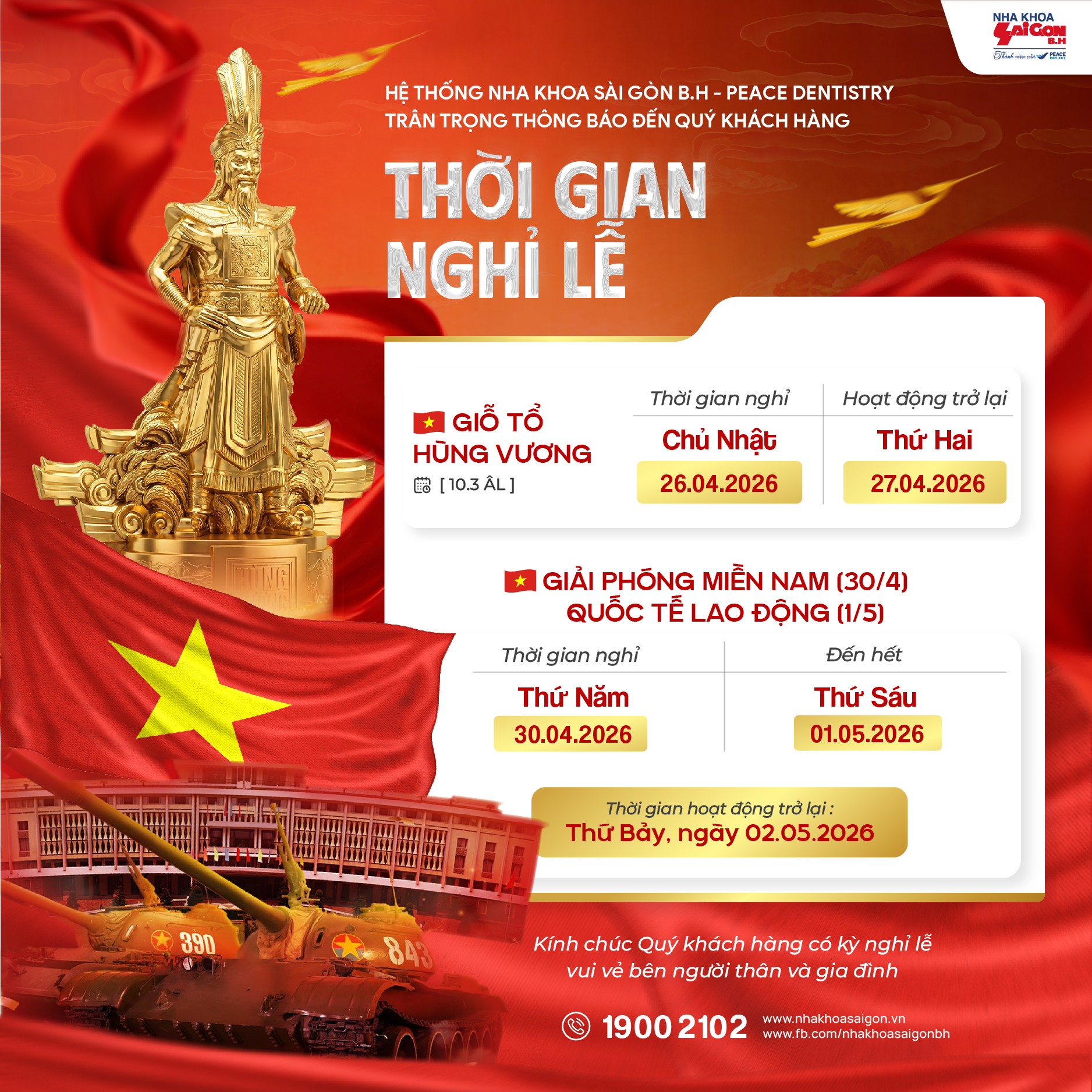 Thông tin chi tiết Lịch nghỉ lễ 2026 tại Nha Khoa Sài Gòn B.H