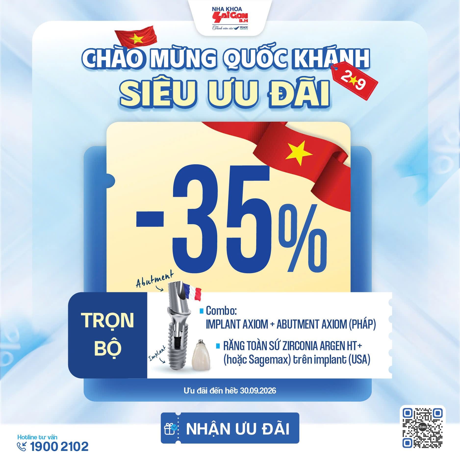 Ưu đãi cấy ghép Implant Quốc khánh: Giảm 35% trọn bộ tại Sài Gòn B.H